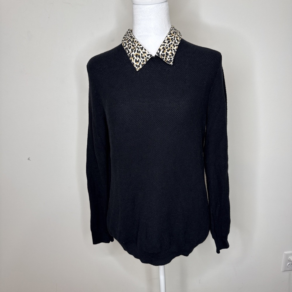 J.Crew Sweater Collar Blouse Shirt Knit Pullover Leopard Women's M Preppy Twofer